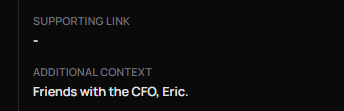 A black interface snippet displaying 'SUPPORTING LINK -' followed by 'ADDITIONAL CONTEXT: Friends with the CFQ, Eric.'