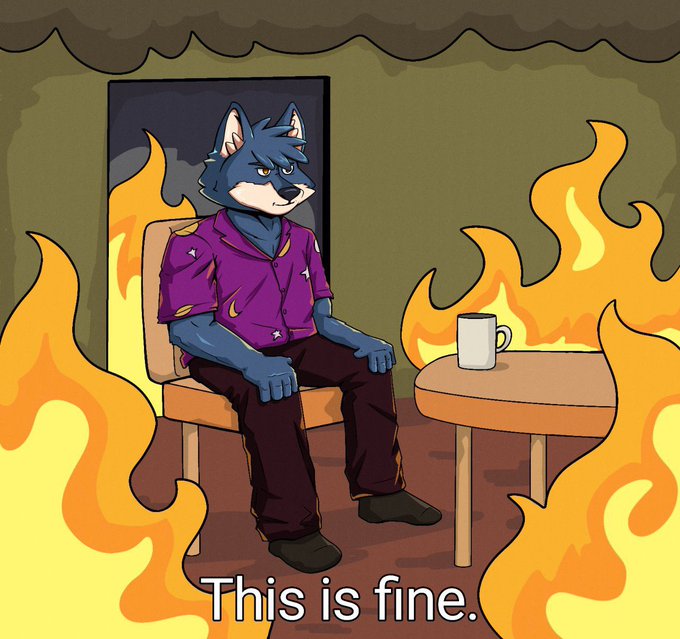 The classic 'This is fine' meme featuring an anthropomorphic wolf in a purple shirt calmly sitting in a chair while surrounded by flames.