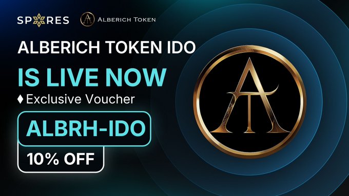 The image is a promotional banner announcing the Alberich Token ($ALBRH) IDO on Spores, featuring a gold circular "A" logo and highlighting an exclusive voucher code "ALBRH-IDO" for 10% off. It visually supports the post's message about the $ALBRH token launch, emphasizing its live status and the special discount opportunity for early participants in this new Web3 musical meme coin.