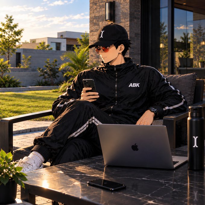 An anime-style character in black 'ABK' branded sportswear and cap relaxes on an outdoor patio, using a smartphone with a MacBook and water bottle on the table.