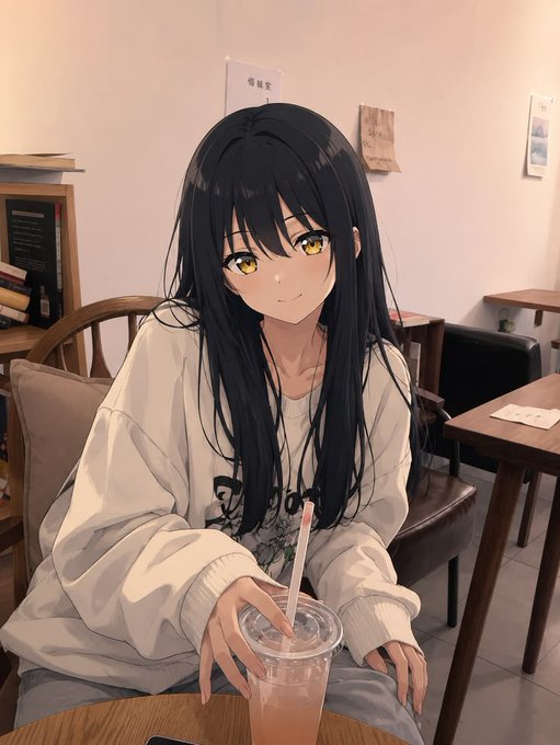 An anime-style illustration shows a long black-haired girl in a cream sweatshirt sitting at a café table with an iced drink, smiling at the viewer. The image serves as eye-catching visual filler for the post about @vangrid_io, which discusses how AI agents can request real-world footage from human contributors, though no direct connection exists between the illustration and the topic.