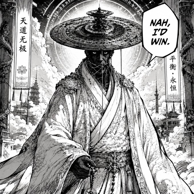 Black and white manga-style illustration of a mystical figure in ornate robes and a wide-brimmed hat, surrounded by clouds and temple architecture; speech bubble reads 'NAH, I'D WIN.' with Chinese characters on banners.
