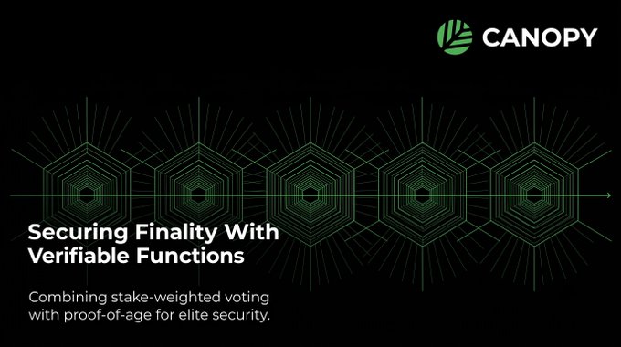 A dark graphic with a green Canopy logo and geometric hexagonal designs, with the text 'Securing Finality With Verifiable Functions' and a subtitle about combining stake-weighted voting with proof-of-age.