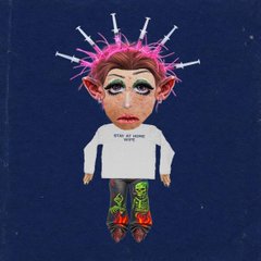 A knitted felt gnome doll with pink yarn hair styled into spikes, wearing a white sweater and patterned pants against a dark blue background, promoting the "Gnome Waifu" NFT project featuring 1,111 randomly generated characters with hand-cut traits, minting on August 18.