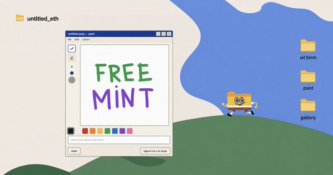 A retro MS Paint-style window displays "FREE MINT" in bold green and purple lettering alongside a small SpongeBob-like character, visually reinforcing the project's casual, free-to-mint Ethereum NFT offering with a 999 supply and form link at untitledeth.xyz.