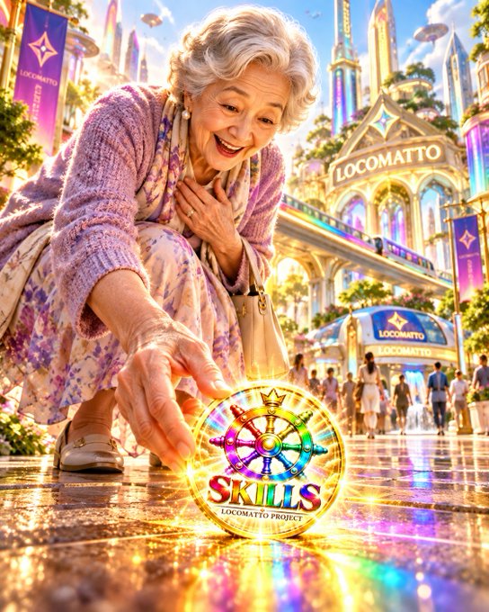 An elderly woman reaches toward a colorful glowing ship's wheel labeled 'SKILLS' with 'LOCOMATTO' branding, set against a fantasy cityscape.