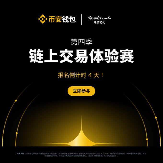 A promotional poster for the 4th Season On-Chain Trading Experience Contest, featuring co-branding with "币安钱包" (Binance Wallet) and "Virtuals Protocol," announces that registration closes in 4 days with a yellow "立即参与" (Participate Now) call-to-action button. The dark, gold-accented design aligns with the post's announcement of the upcoming trading competition on the Robinhood chain with 60,000 USDG token rewards.