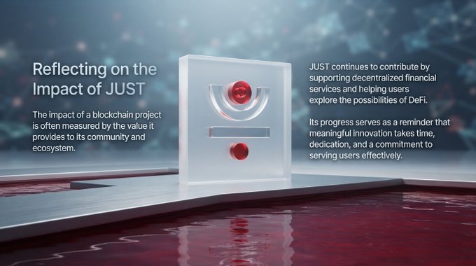 A promotional graphic titled 'Reflecting on the Impact of JUST' features a glass block with red spheres and discusses JUST's contributions to decentralized financial services and DeFi.