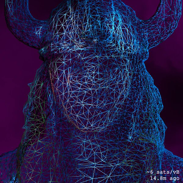 A blue wireframe 3D digital sculpture of a horned helmet or mask on a purple background, with text "~6 sats/vB, 14.8m ago" in the corner.