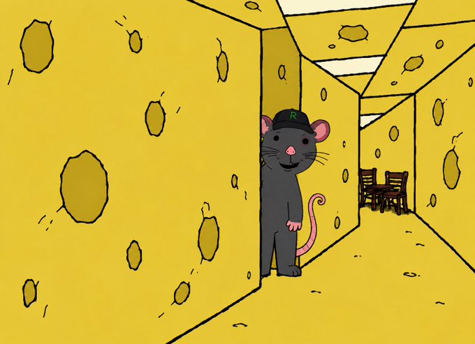 An animated gray mouse wearing a green “R” cap peeks around a corner in a yellow cheese-lined corridor with small tables and chairs in the distance.