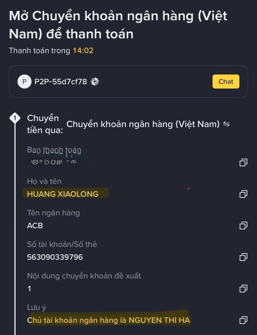 A Vietnamese-language payment instruction screen titled 'Mở Chuyển khoản ng ngân hàng (Việt Nam) để thanh toán' with a 14:02 countdown, providing bank transfer details for recipient 'HUANG XIAOLONG' at ACB bank, account 563090339796, noting the account holder is 'NGUYEN THI HA'.