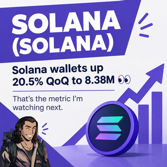 Solana (SOL) promotional graphic stating 'Solana wallets up 20.5% QoQ to 8.38M' with the caption 'That's the metric I'm watching next,' featuring a cartoon character and the Solana logo.