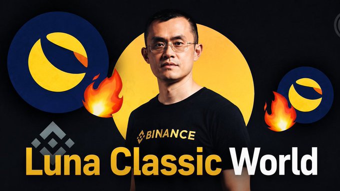 A promotional graphic featuring a man wearing a Binance shirt against a Luna Classic logo background, with the text 'Luna Classic World' and fire emojis.