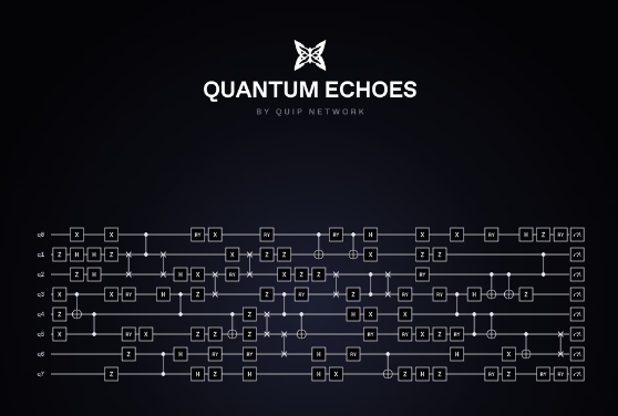 A dark-themed graphic titled 'QUANTUM ECHOES BY QUIP NETWORK' displaying multiple rows of quantum circuit diagrams with labeled qubits (q0 through q7) and various quantum gates.