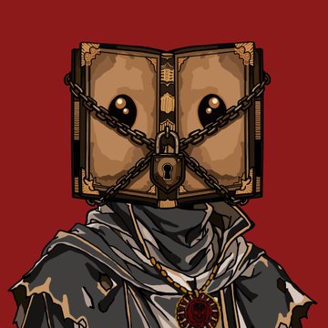 An illustration of a figure in a dark robe with a red circular emblem, its head obscured by an open book featuring two eyes, secured with chains and a padlock.