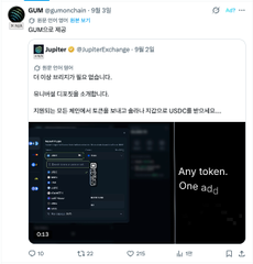 A screenshot of an X post by GUM (@gumonchain) replying to Jupiter (@JupiterExchange) with Korean text and an attached video thumbnail reading 'Any token, One ad'.