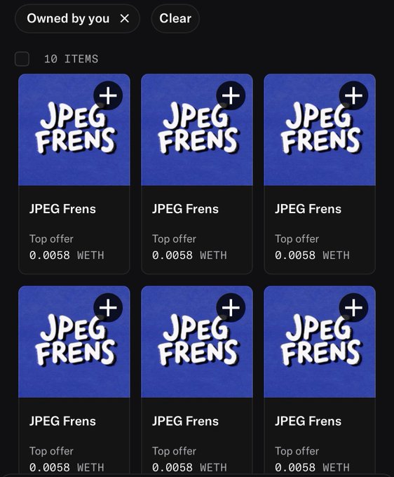 A dark-themed NFT marketplace interface showing multiple identical blue tiles labeled 'JPEG Frens' with top offers of '0.0058 WETH', under an 'Owned by you' filter.