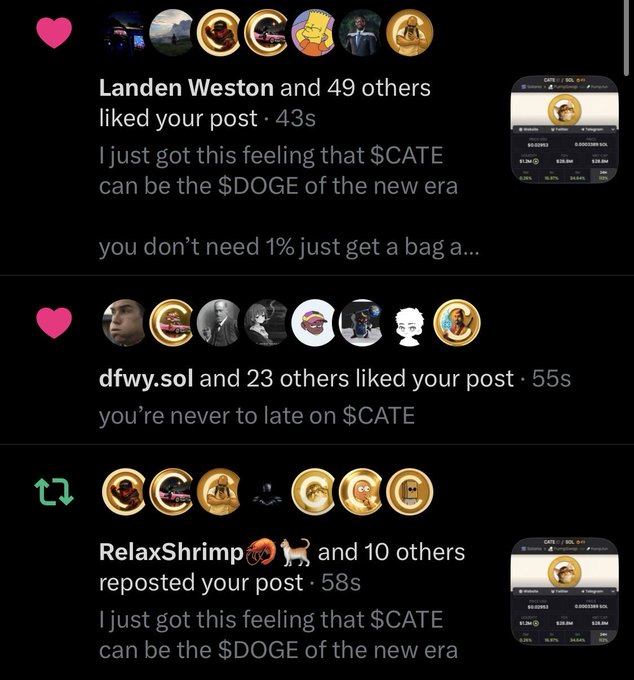 A screenshot of social media engagement shows Landen Weston and 49 others (49+ likes), dfwy.sol and 23 others (23+ likes), and RelaxShrimp and 10 others (10+ reposts) all reacting to a post claiming "$CATE can be the $DOGE of the new era," with the trading widget displaying $CATE at a $20.6M market cap and $23.8M 24h volume. The influx of $CATE profile pictures in the comments mirrors the post's comparison to early $FLOKI community days.