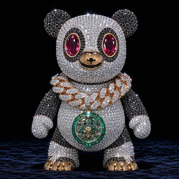 A luxury jeweled panda figurine covered in diamonds with pink gemstone eyes, a gold chain necklace, and an exposed mechanical watch movement on its belly.