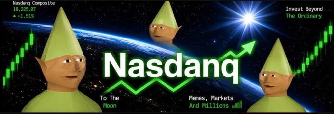 The image is a meme-style promotional graphic for the "$NASDANQ" token, featuring three gnome figures in space with a rising green chart, Earth, and a shooting star, overlaid with the "Nasdanq" logo and text like "Nasdanq Composite 18,225.07 +1.51%," "Invest Beyond The Ordinary," and "To The Moon / Memes, Markets And Millions." It visually reinforces the post's hype of $NASDANQ as an emerging, momentum-building play on the Robinhood Chain, blending stock-market aesthetics with meme culture to suggest upward potential.