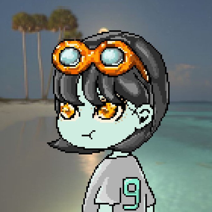 A pixel art character of a pale-skinned girl with short dark hair, orange goggles on her head, and a white shirt with the number 9, set against a tropical beach background.