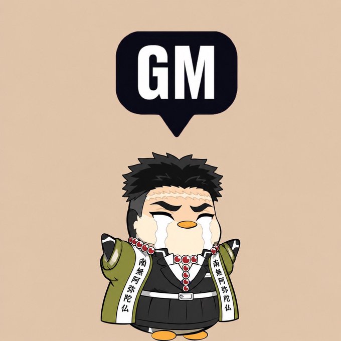 A chibi-style crying penguin character wearing traditional robes with "南無阿弥陀仏" (Namu Amida Butsu) text on the sashes, with a "GM" speech bubble above — a humorous "Good Morning" sticker fitting the post's "GM" (good morning) greeting to the CT (Crypto Twitter) community on a Friday.