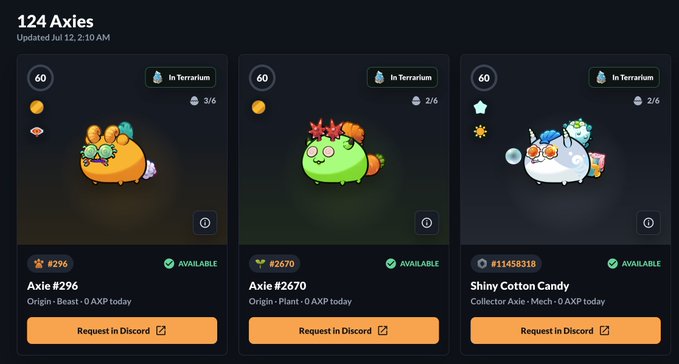 Screenshot showing 124 Axies in a digital collection, featuring Axie #296 (Origin - Beast), Axie #2670 (Origin - Plant), and Shiny Cotton Candy, all with 'In Terrarium' status and 'Request in Discord' buttons.