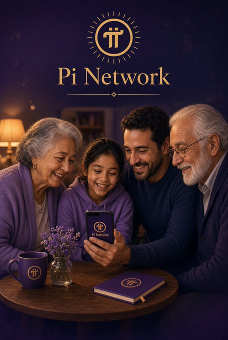 Pi Network promotional poster showing a multi-generational family smiling around a smartphone displaying the app, set against a dark blue background with the Pi Network logo.