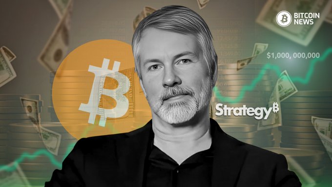 A Bitcoin News graphic featuring a man with gray hair and beard in front of a Bitcoin logo, with stacks of coins, an upward green chart line, '$1,000,000,000', and the 'Strategy' logo with Bitcoin symbol.