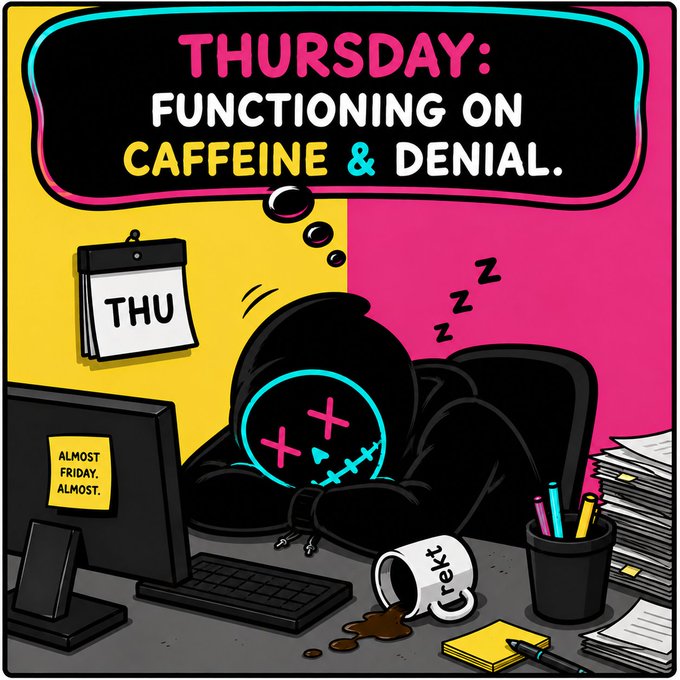 A colorful cartoon illustration titled 'THURSDAY: FUNCTIONING ON CAFFEINE & DENIAL.' showing a skeleton slumped over a desk with a 'THU' calendar, a sticky note reading 'ALMOST FRIDAY. ALMOST.', and a spilled 'Data' mug.
