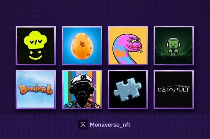 A grid of eight NFT-style images including a smiley cloud, a speckled egg, a colorful snake, a pixel character, the word 'Burrial', a sailor character, a puzzle piece, and the word 'CATAPULT', credited to 'X Monaverse_nft'.