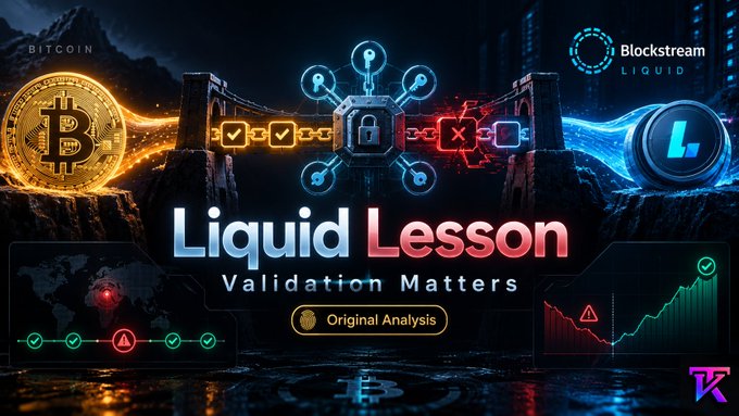 A promotional graphic titled 'Liquid Lesson: Validation Matters' featuring Bitcoin and Blockstream Liquid logos alongside a padlock and chain imagery.