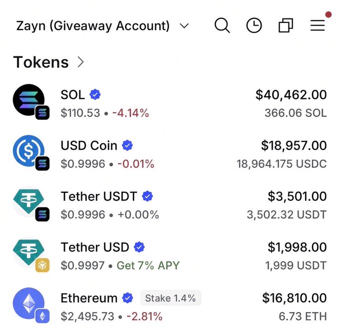 The image displays a Phantom wallet under "Zayn (Giveaway Account)" showing crypto holdings including 366.06 SOL ($40,462.00), 18,964.175 USDC ($18,957.00), 3,502.32 USDT ($3,501.00), 1,999 USDT ($1,998.00), and 6.73 ETH ($16,810.00), presented as proof of funds to promote a "$3,000 Solana Giveaway" requiring likes, retweets, and tagging 2 friends.