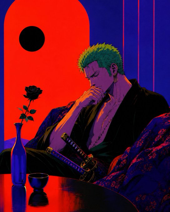 An anime illustration of Zoro from One Piece sitting pensively in a kimono with a sword, a black rose in a vase and sake on the table before him.