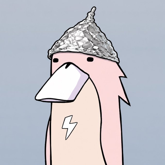 A simple cartoon character with a pink mustache wears a tinfoil hat and has a lightning bolt symbol on its chest, suggesting a conspiratorial or paranoid theme.