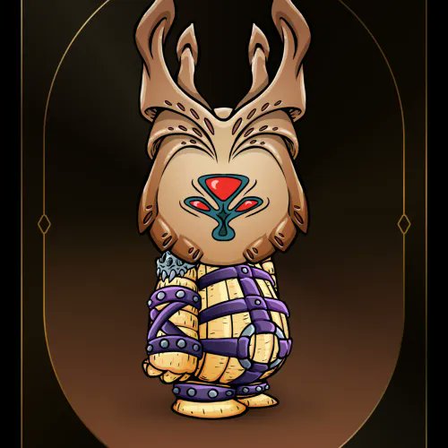 The image features a cartoon character, likely a bear-like creature with horns, wearing a purple harness and holding a sword. The character appears to be standing against a dark background, which emphasizes its presence. The caption below the image provides information about the character's origin or creator, possibly indicating that it is part of an online collection or marketplace for Koda characters.