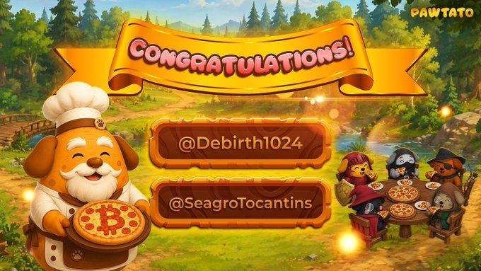 The image features a cartoon dog holding a pizza and standing next to a banner that says "Congratulations! You've won 1 Pawtato Hero!". The text also mentions that two winners have been chosen, one of whom has already received their prize.