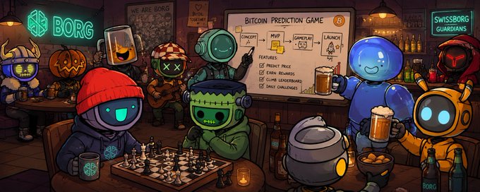 A cartoon-style bar scene featuring various robot characters with the text 'BORG' and 'BITCOIN PREDICTION GAME' visible, along with a whiteboard listing features like predicting price, card rewards, and token launches.