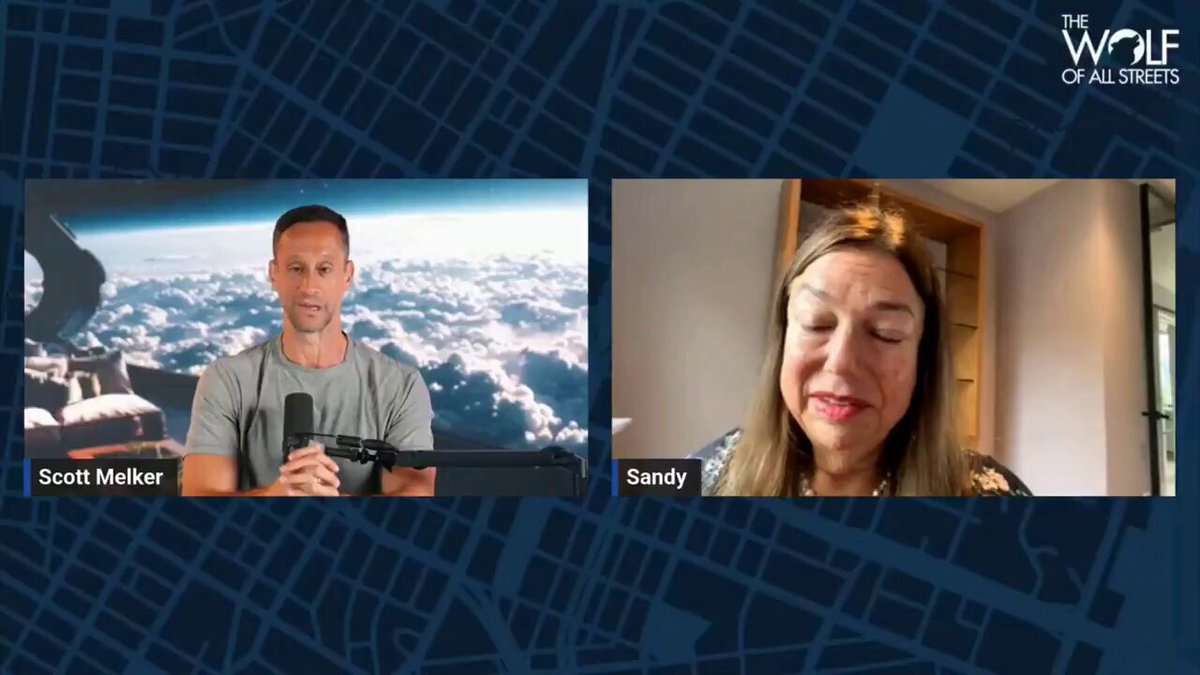 The image shows a conversation between two people, with their names Scott Meeker and Sandy Kaul, who are discussing the future of cryptocurrency. They are talking about tokenization and how it can optimize the way we manage our wealth. The image also includes a map that is blue and white in color, which could be related to the discussion on tokenized assets or real estate.