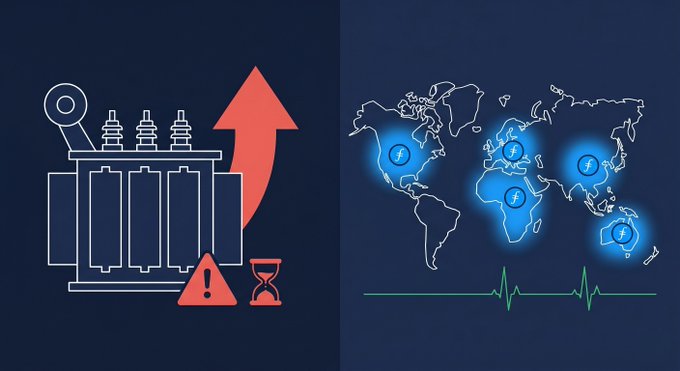A blue world map with white dots representing countries is overlaid by a red arrow and a black line, accompanied by icons of power lines and an ECG monitor.
