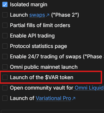 A checklist interface with the option "Launch of the $VAR token" highlighted in a red box, among other items like "Isolated margin" (checked), "Enable API trading", and "Omni public mainnet launch".