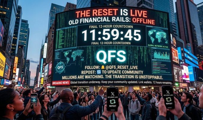A large digital billboard in a crowded urban setting displays "THE RESET IS LIVE" and "OLD FINANCIAL RAILS: OFFLINE" above a "FINAL 12-HOUR COUNTDOWN" timer reading "11:59:45," with "QFS" featured prominently in the center. The scene shows people in the crowd holding up smartphones displaying the @QFS_RESET_LIVE handle, visually reinforcing the post's urgent message about the imminent global transition to a new financial system.