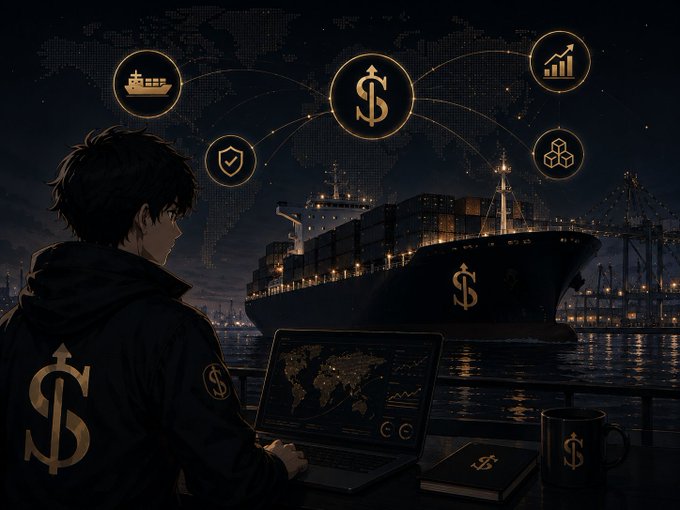 An anime-style illustration depicts a character with a dollar sign on their hoodie using a laptop, looking out at a cargo ship with a dollar sign on its hull, surrounded by floating icons of financial and shipping symbols.