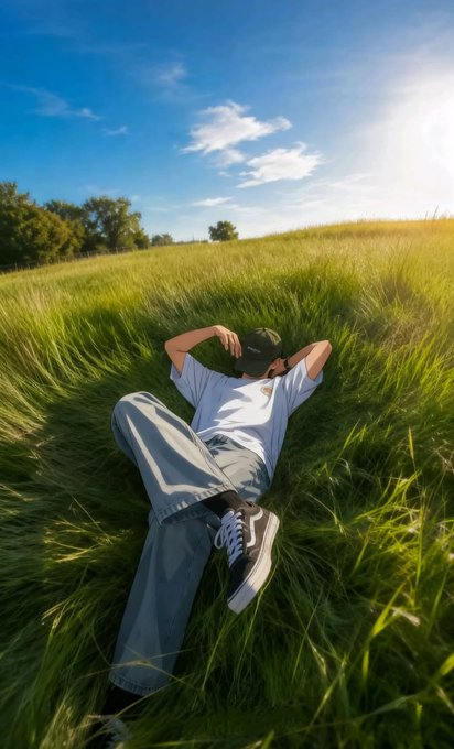 A person wearing a white t-shirt, baggy jeans, sneakers, and a black cap lying back in a lush green grassy field under a bright blue sky.