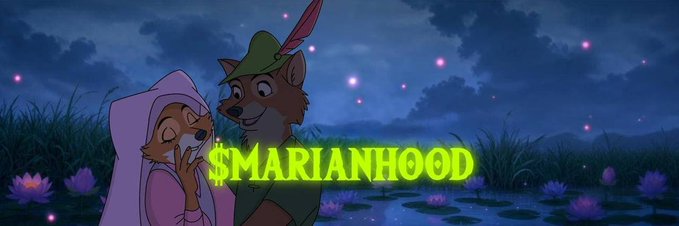 An animated scene from Disney's Robin Hood featuring Maid Marian and Robin Hood at night by a pond with lotus flowers, overlaid with the text '$MARIANHOOD' in green.