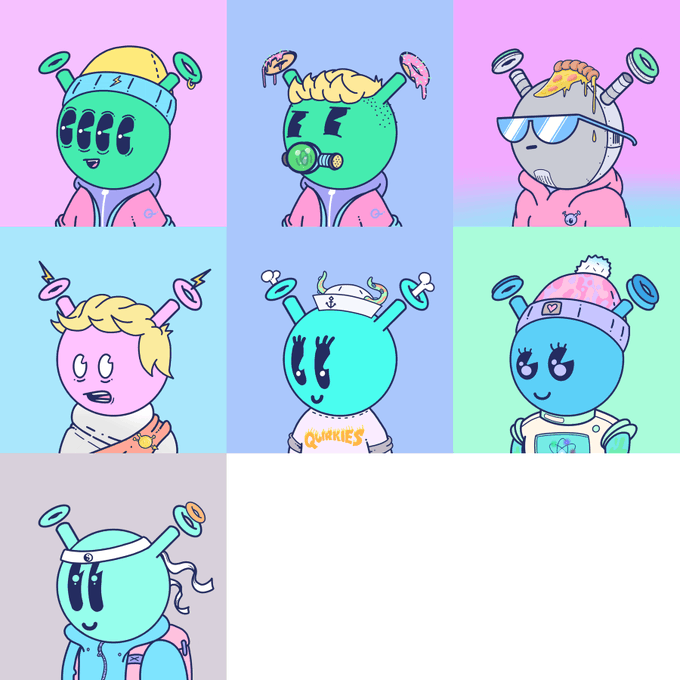 Seven colorful cartoon "Quirkies" alien characters with antennae and various accessories are displayed in a grid, with one wearing a shirt reading "QUIRKIES," representing the NFT collection that sold for 7.18 ETH on OpenSea.