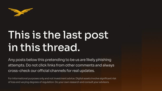 Black notice with a golden eagle logo reading "This is the last post in this thread. Any posts below this pretending to be us are likely phishing attempts."