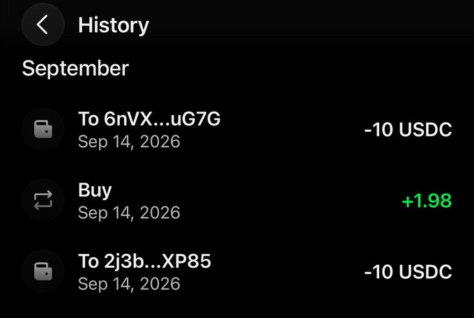 The image shows a transaction history screen displaying September 2026 activity, including two "To 6nVX...uG7G" and "To 2j3b...XP85" send transactions of -10 USDC each on Sep 14, 2026, alongside a "Buy" transaction showing +1.98 (likely USDC received via swap). This confirms the post's claim of sending $10 to two mutuals, with the truncated wallet addresses serving as proof of the transfers.