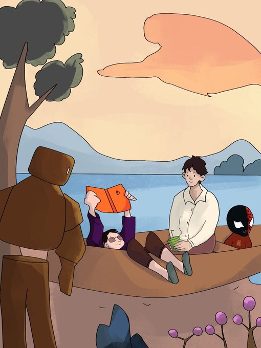 A digital illustration depicting characters resembling Spider-Man, Miles Morales, and Spider-Man Noir relaxing in a hammock by a lake, with one character reading a book.