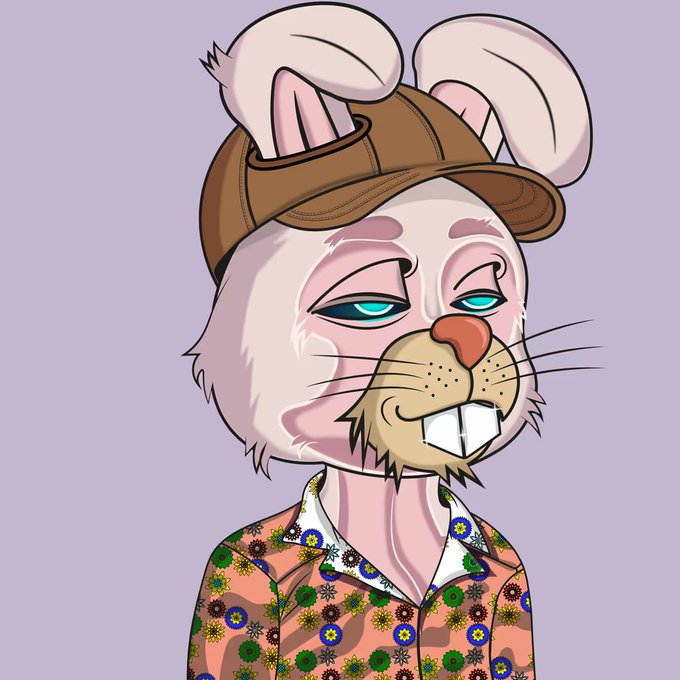 A digital illustration of a cartoonish white rabbit character wearing a brown cap and a colorful floral shirt, with a slight smirk and buck teeth against a light purple background.
